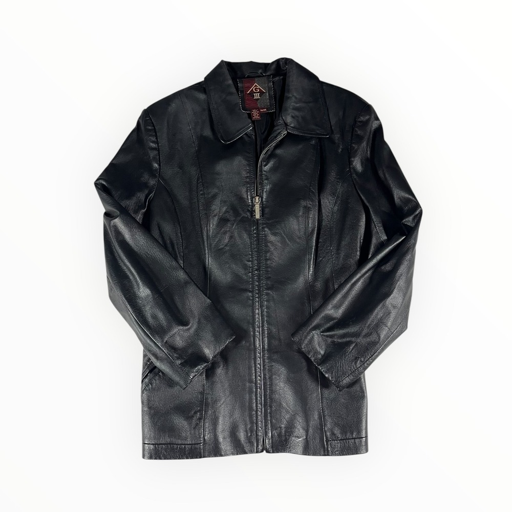 G III Women's Black Leather Jacket M/M Collared Zipper Front 100% Leather